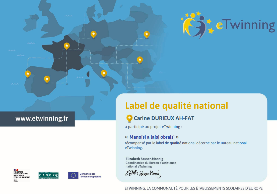 Label de qualité national projet eTwinning Manos a la [s] obra[s] 2023 ...